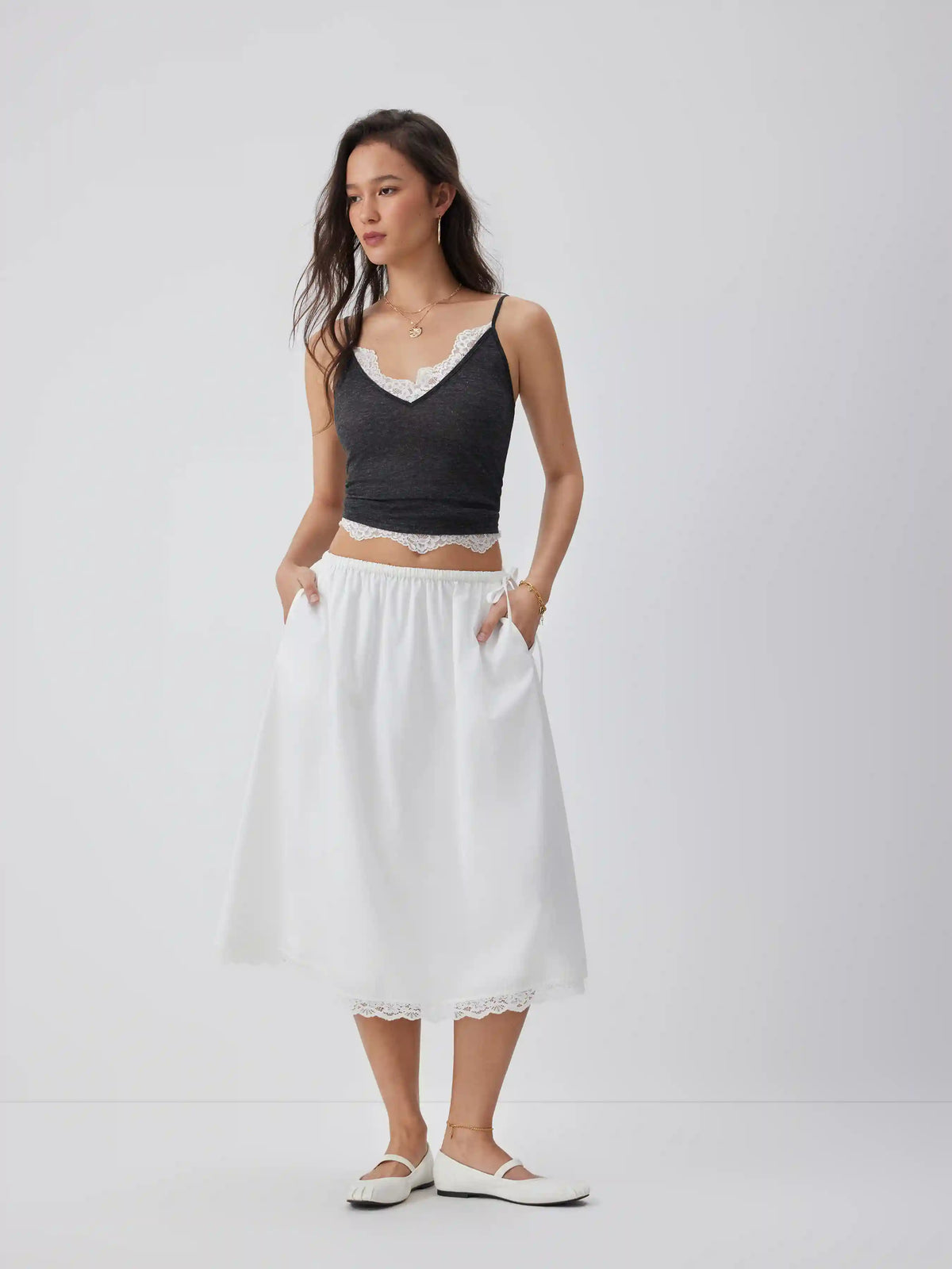 Cotton-blend Mid Rise Lace Trim A-line Maxi Skirt
