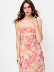 Chiffon Abstract Lace Trim Square Neck A-line Maxi dress