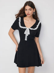 Knit Lace Trim Bowknot A-line Mini Dress