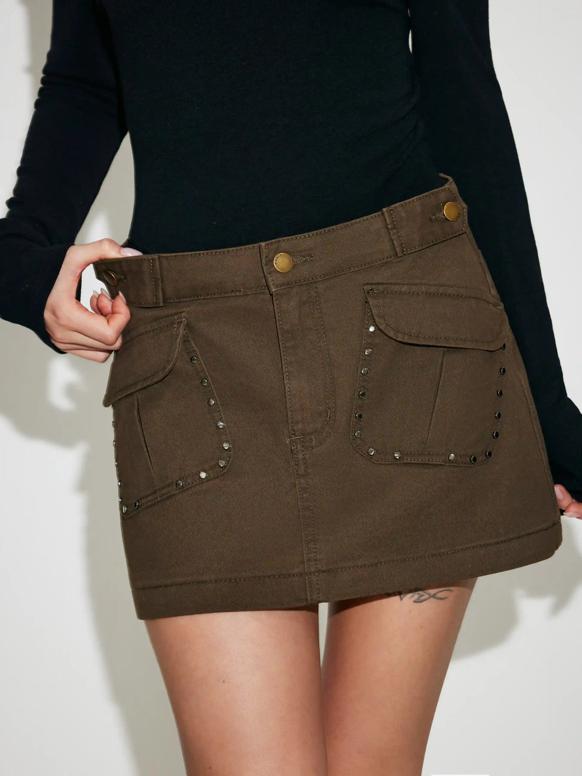 Washed Denim Low Rise Studded Pocket A-line Micro Mini Skirt