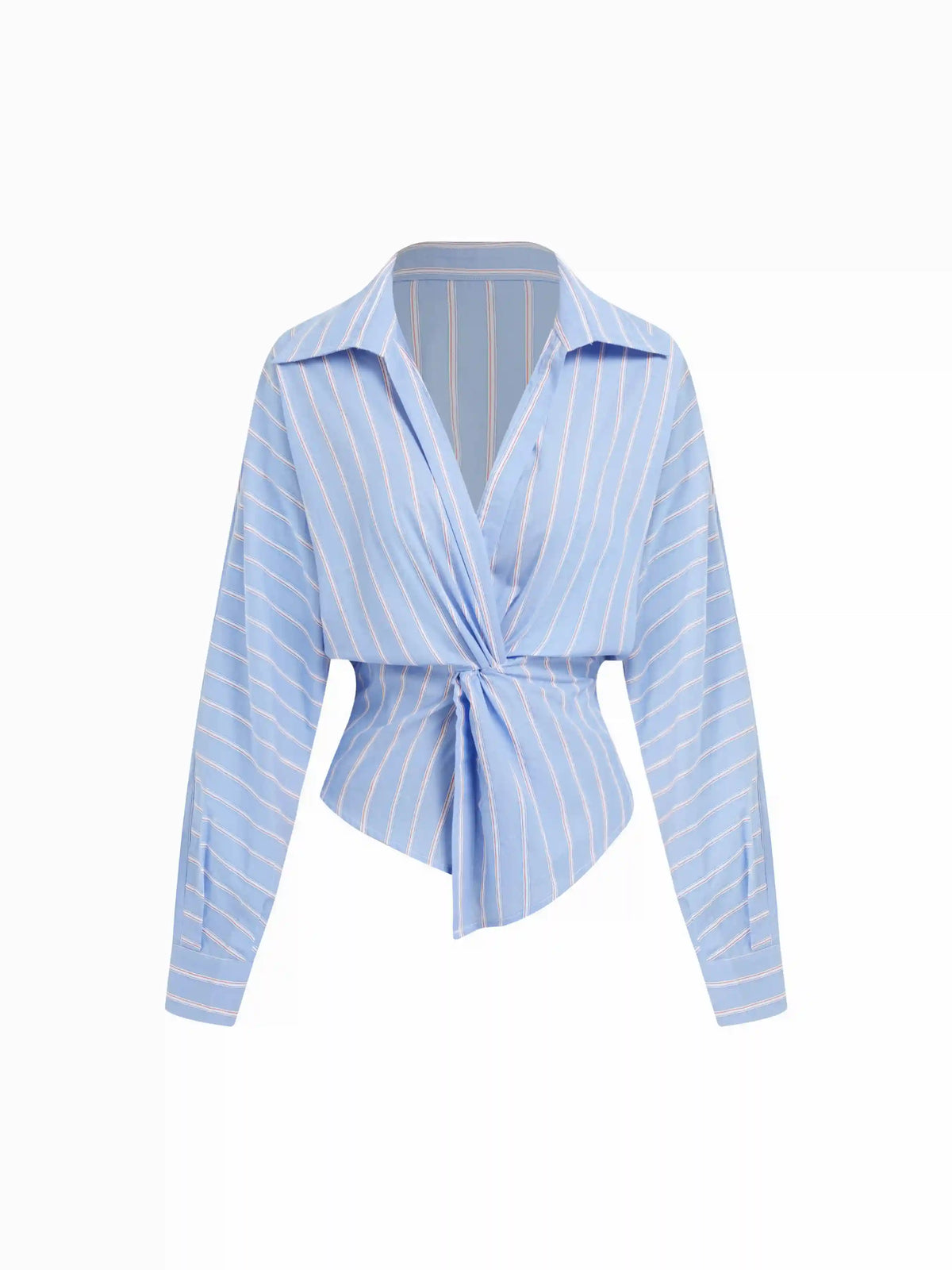 Cotton-blend Striped V-Neck Twist Knotted Long Sleeve Blouse