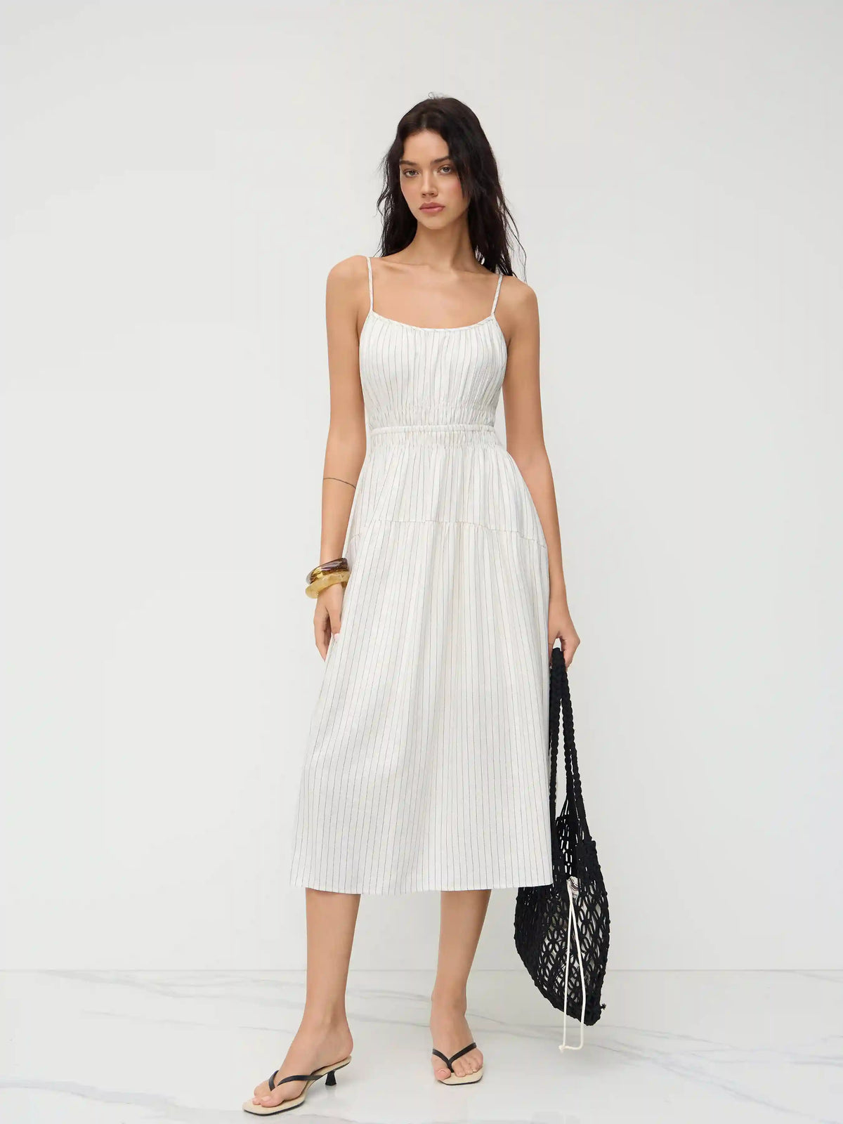 Linen-blend Square Neck Stripe Shirred Midi Dress