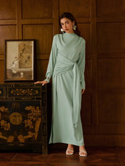 Satin Stand Collar Ruched Draped Maxi Dress
