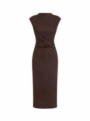 Textured High Neck Twist Knotted Straight Maxi Dress