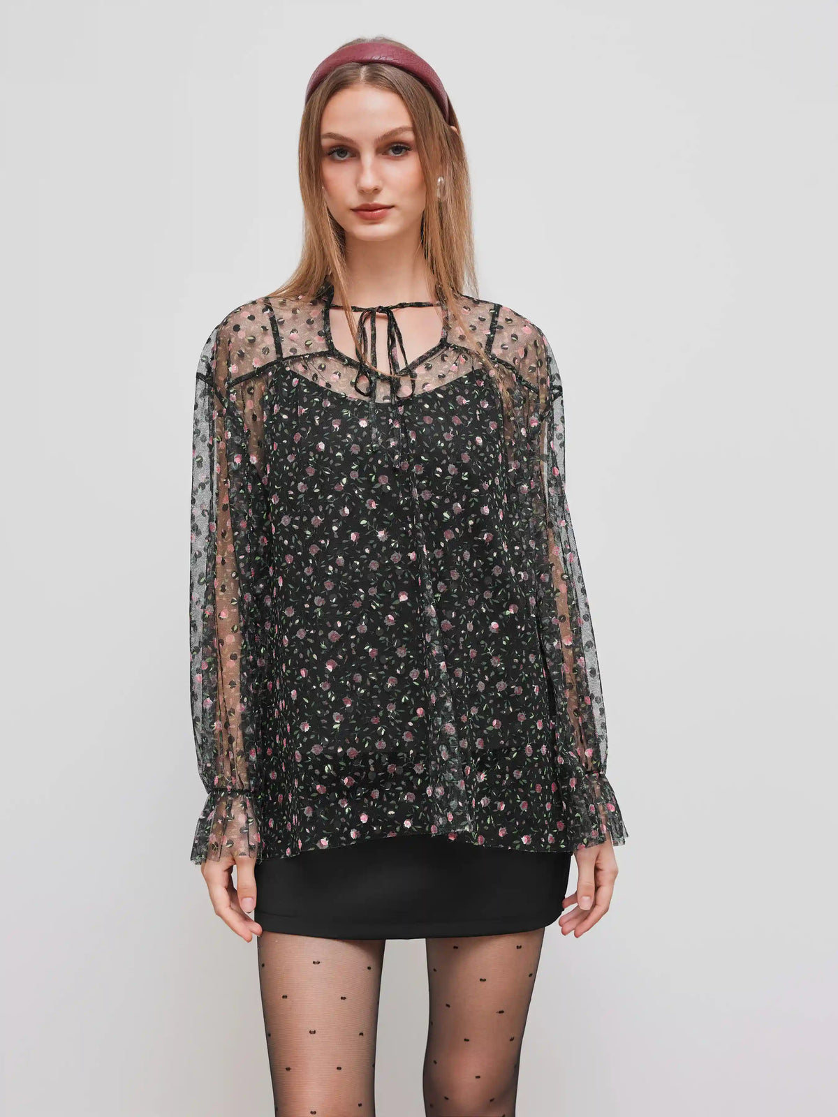 Mesh Stand Collar Floral Oversized Blouse & Cami Top