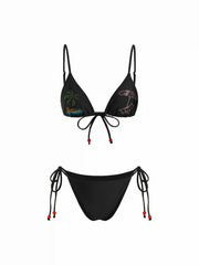 High Stretch V-neck Palm Tree & Beach Chair Graphic Triangle Tie Side Bikini Set