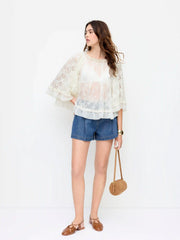Lace Ruffled Round Neck Middle Sleeve Blouse
