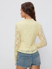 Textured Floral High Neck Long Sleeve Beaded Wrap Tie Side Ruched Top