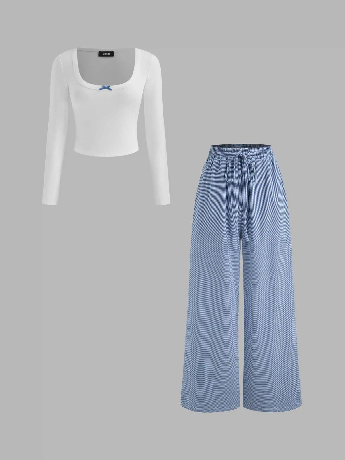 Cotton-blend Square Neck Bowknot Top & High Rise Striped Knotted Wide Leg Trousers Set