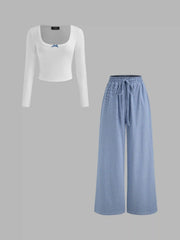 Cotton-blend Square Neck Bowknot Top & High Rise Striped Knotted Wide Leg Trousers Set