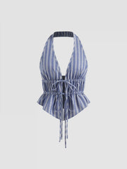 Cotton-blend Halter Neckline Stripe Tie Front Shirred Top &  Mid Rise Shorts Set