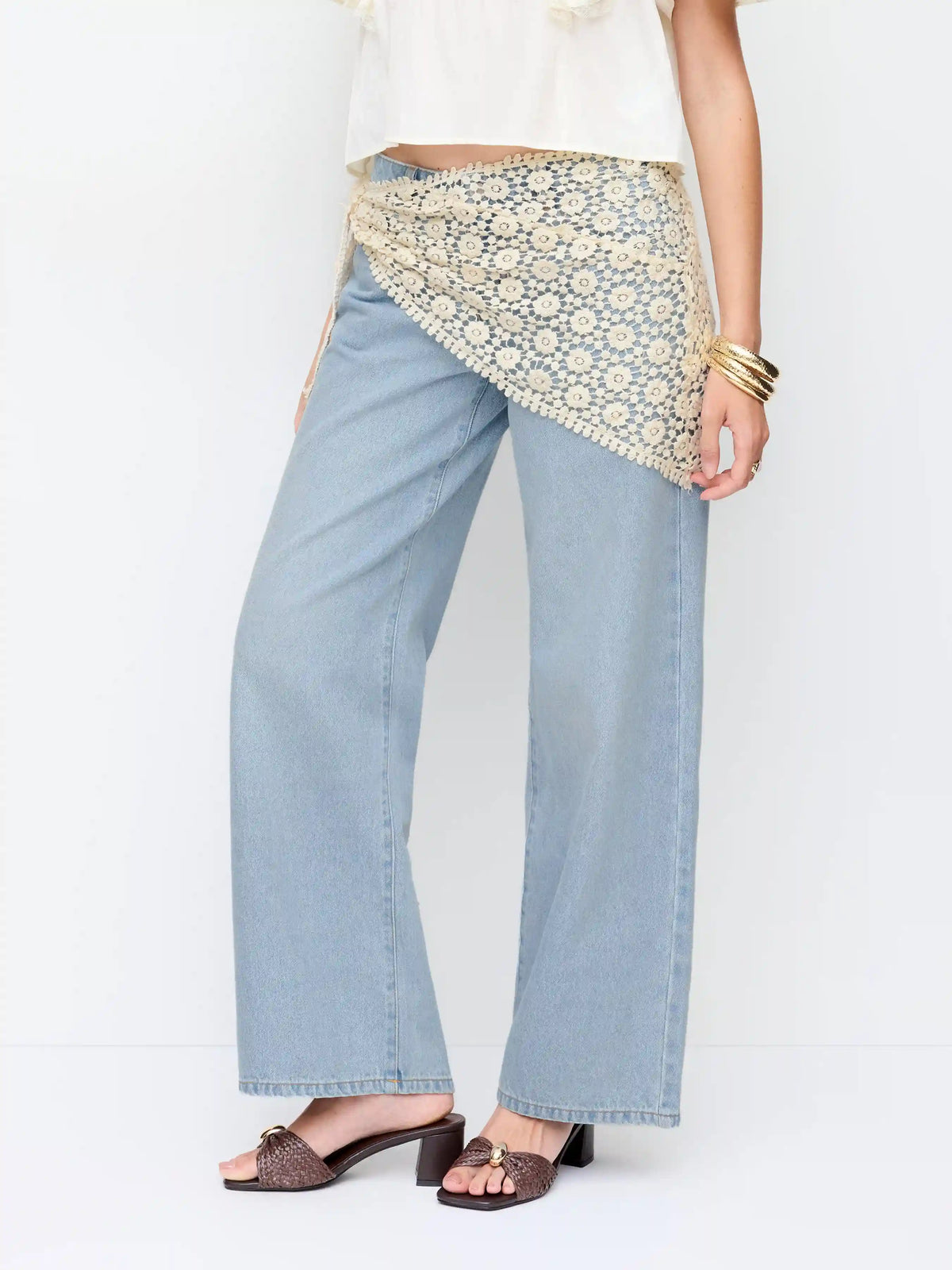 Washed Denim Low Rise Wide Leg Trousers With Floral Lace Scarf