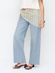 Washed Denim Low Rise Wide Leg Trousers With Floral Lace Scarf