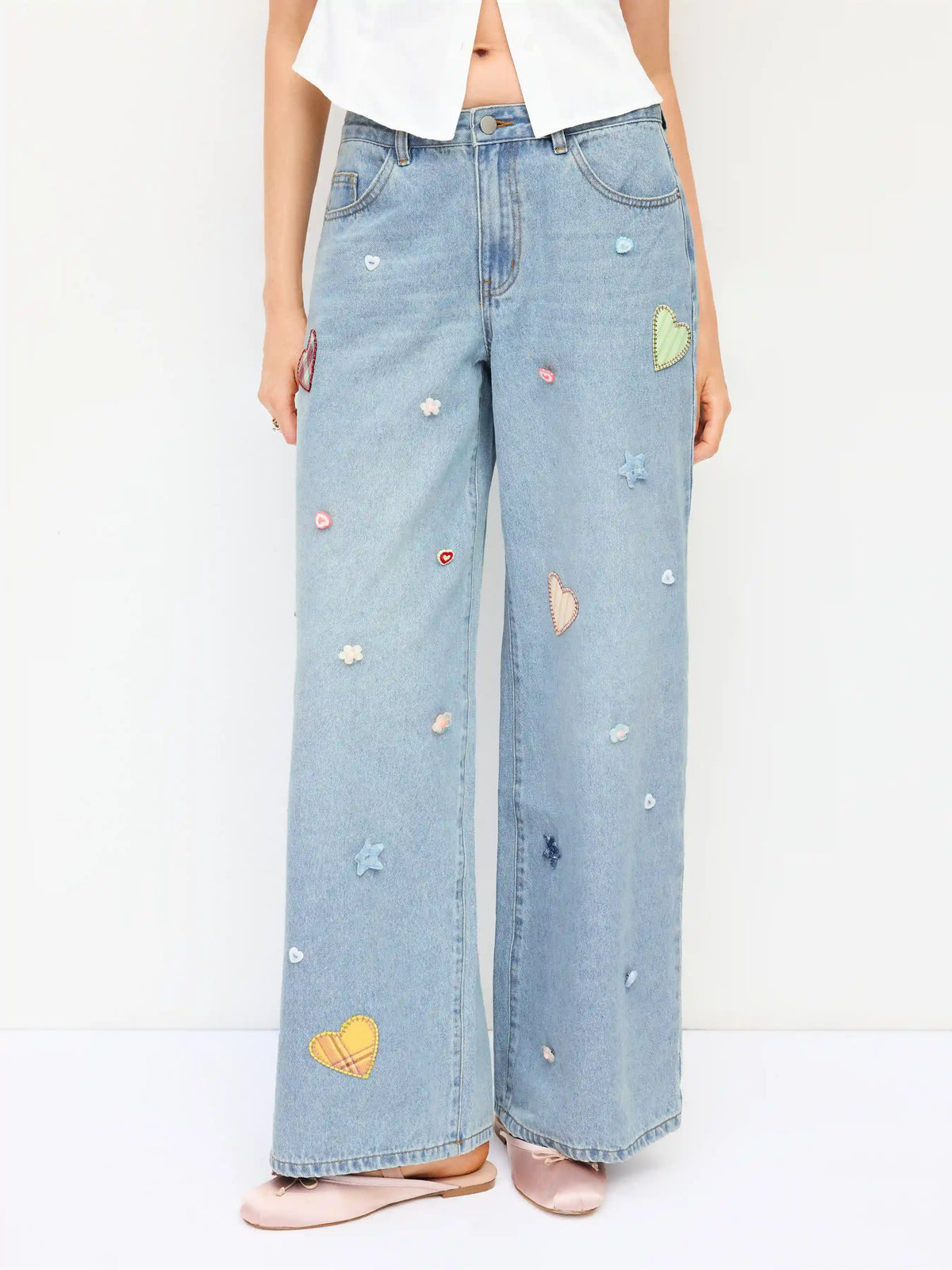 Denim Low Rise Heart & Star Graphic Applique Wide Leg Jeans