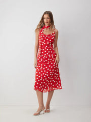 Chiffon Polka Dot Cowl Neck Midi Dress With Scarf