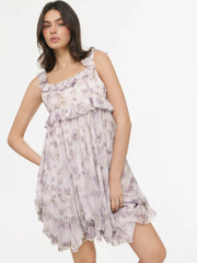 Chiffon Floral Square Neck Tiered Ruffle Hem Mini Dress