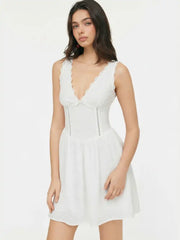 Cotton V-Neck Bowknot Hollow Out Tank Mini Dress