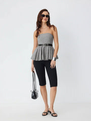 Knit Strapless Ruffled Peplum Crop Top With Belt