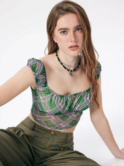 Plaid Square Neck Short Sleeve Blouse