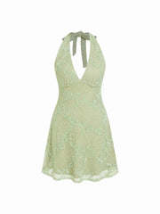 Lace Halter Neckline A-line Mini Dress