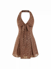 Chiffon Deer Spot Bowknot Halter Neckline Mini Dress