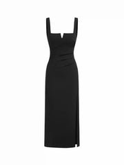 Square Neck Ruched Split Maxi Dress
