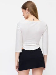Knit Fabric Boat Neck Curved-Hem Long Sleeve Tee