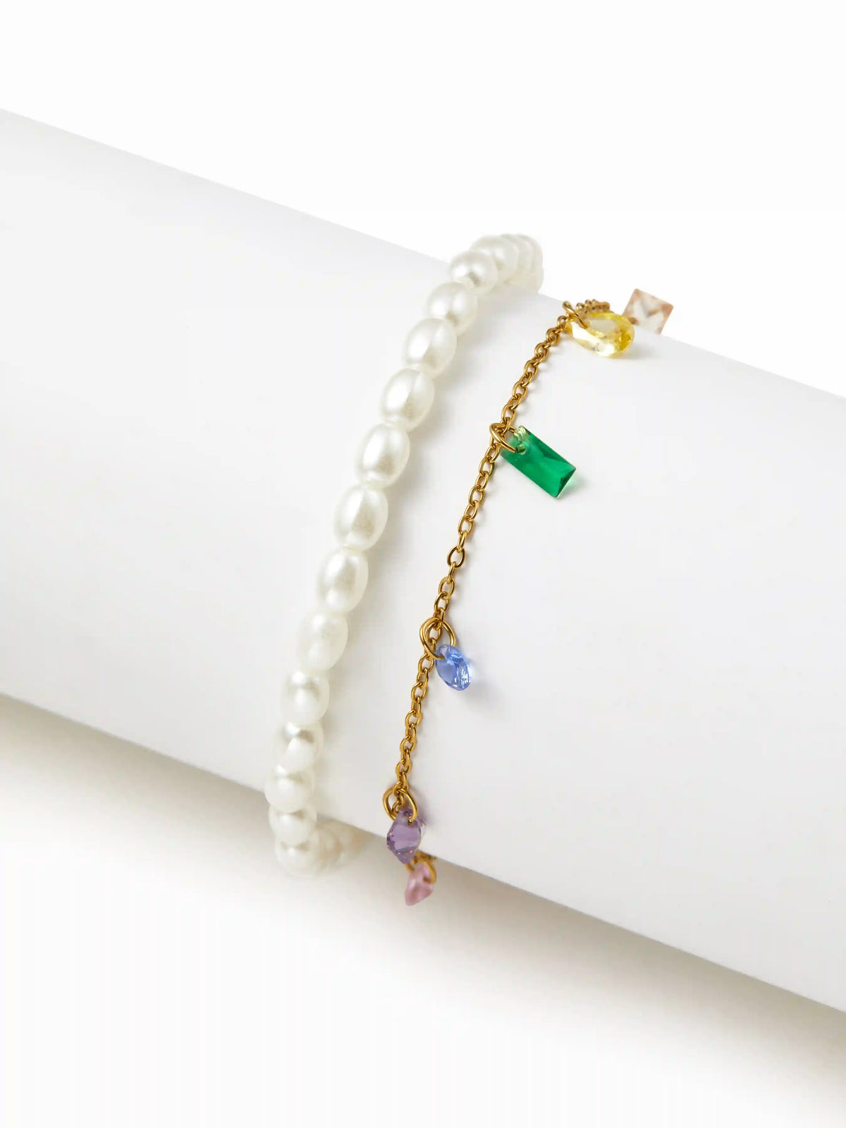 2PCS FAUX PEARL & RHINESTONE BRACELET SET