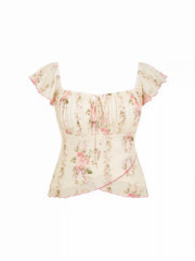 Chiffon Floral Square Neck Twist Knotted Ruffle Sleeve Crop Top Curve & Plus