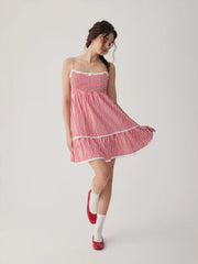 Gingham Square Neck Shirred Tiered Ruffle Hem Mini Dress