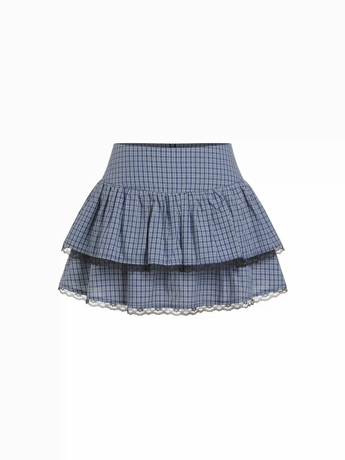 Cotton Mid Rise Lace Panel Gingham Tiered Mini Skirt
