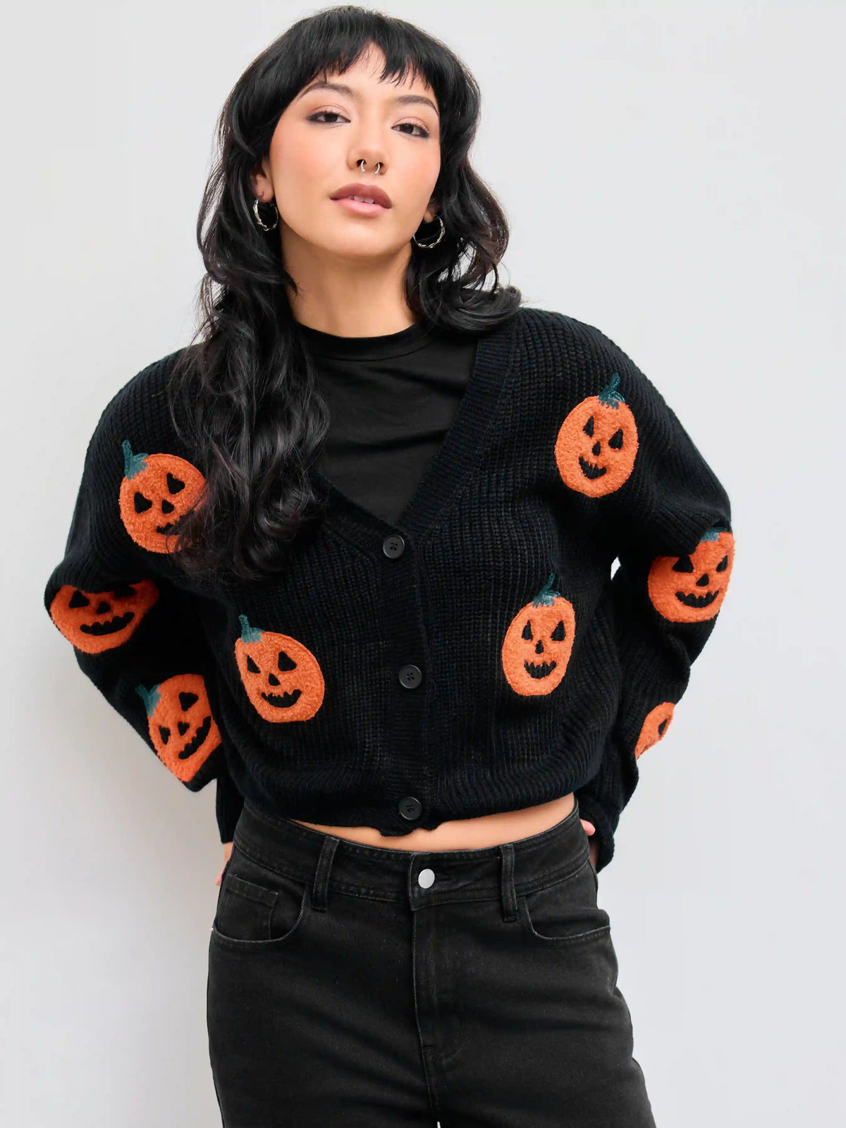 Knitted V-neck Pumpkin Button Cardigan
