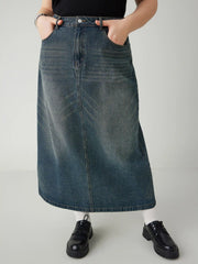 Denim Mid Waist Pocket Maxi Skirt Curve & Plus