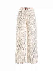Sweetheart Polka Dot Bowknot Crop Top & Mid Rise Lettuce Trim Trousers Loungewear Set