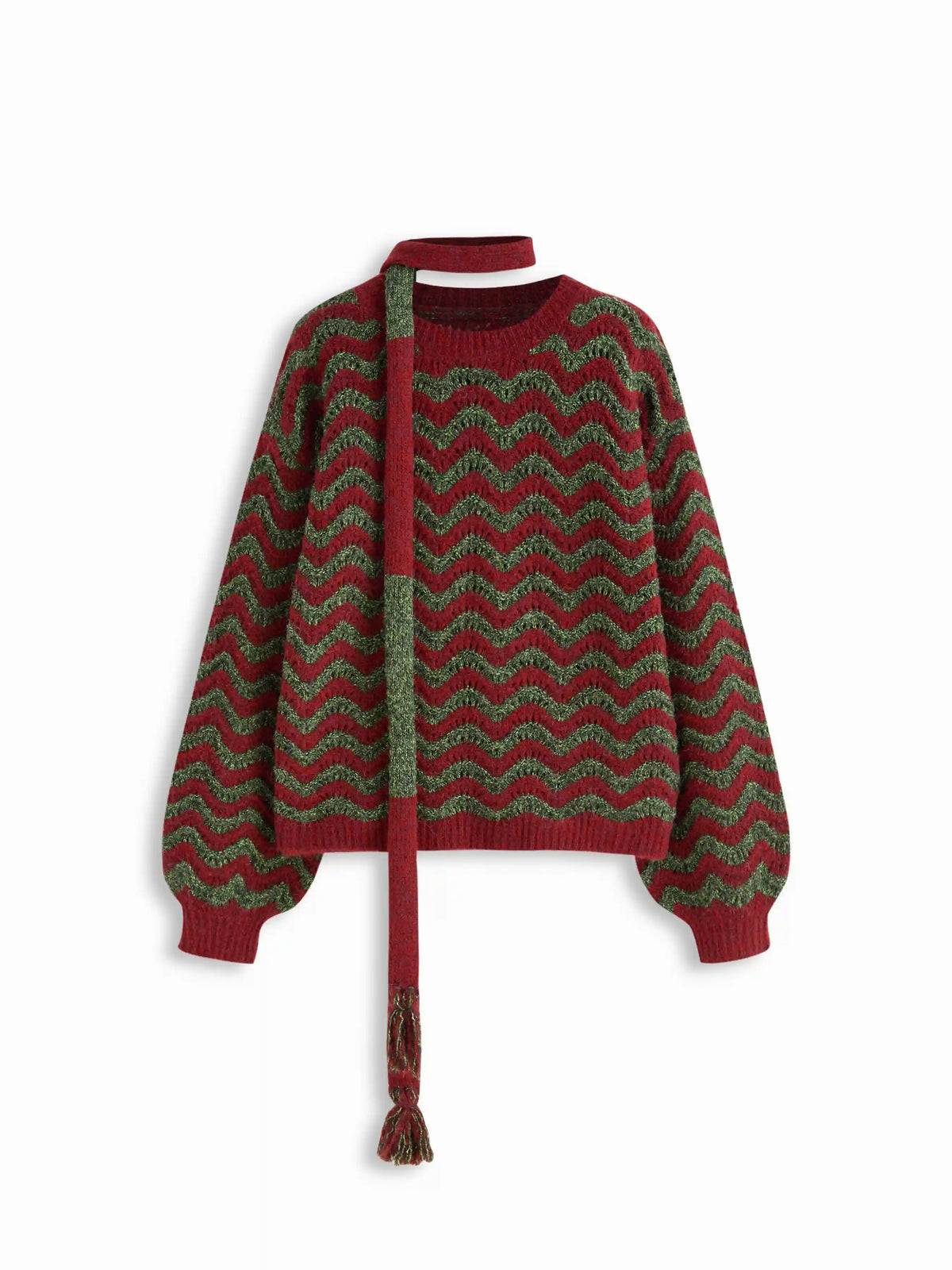 Knit Wave Geometric Lantern Sleeve Top With Scarf