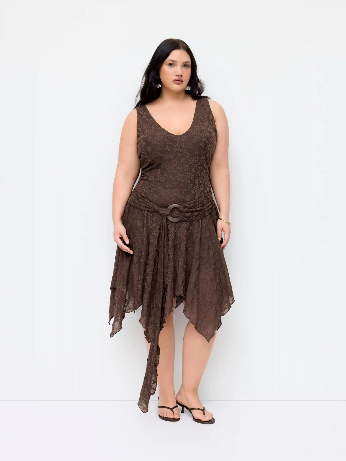 Lace V-neck Wrap Metal Detail Hanky Hem Midi Dress Curve & Plus