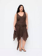 Lace V-neck Wrap Metal Detail Hanky Hem Midi Dress Curve & Plus