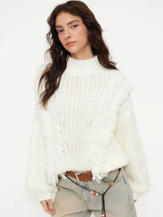 Cable Knit High Neck Long Sleeve Fringe Oversized Top