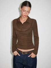 Collar Long Sleeve Button Front Ruched Tee