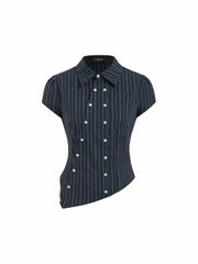 Cotton-blend Striped Collar Asymmetrical Hem Star Button Blouse