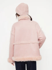 Faux Shearling Belted Oversized Jacket With Faux Fur Trim