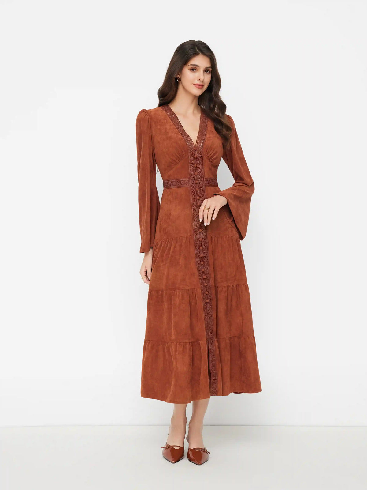 Suede V-neck Lace Trim Ruched Tiered Flare Sleeve Maxi Dress