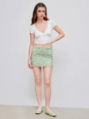 V-neck Solid Bowknot Crop Top & Mesh High Rise Floral Lettuce Trim Mini Skirt Set