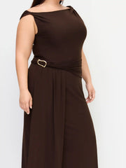 Asymmetrical Neck Ruched Metal Detail Draped Maxi Dress Curve & Plus