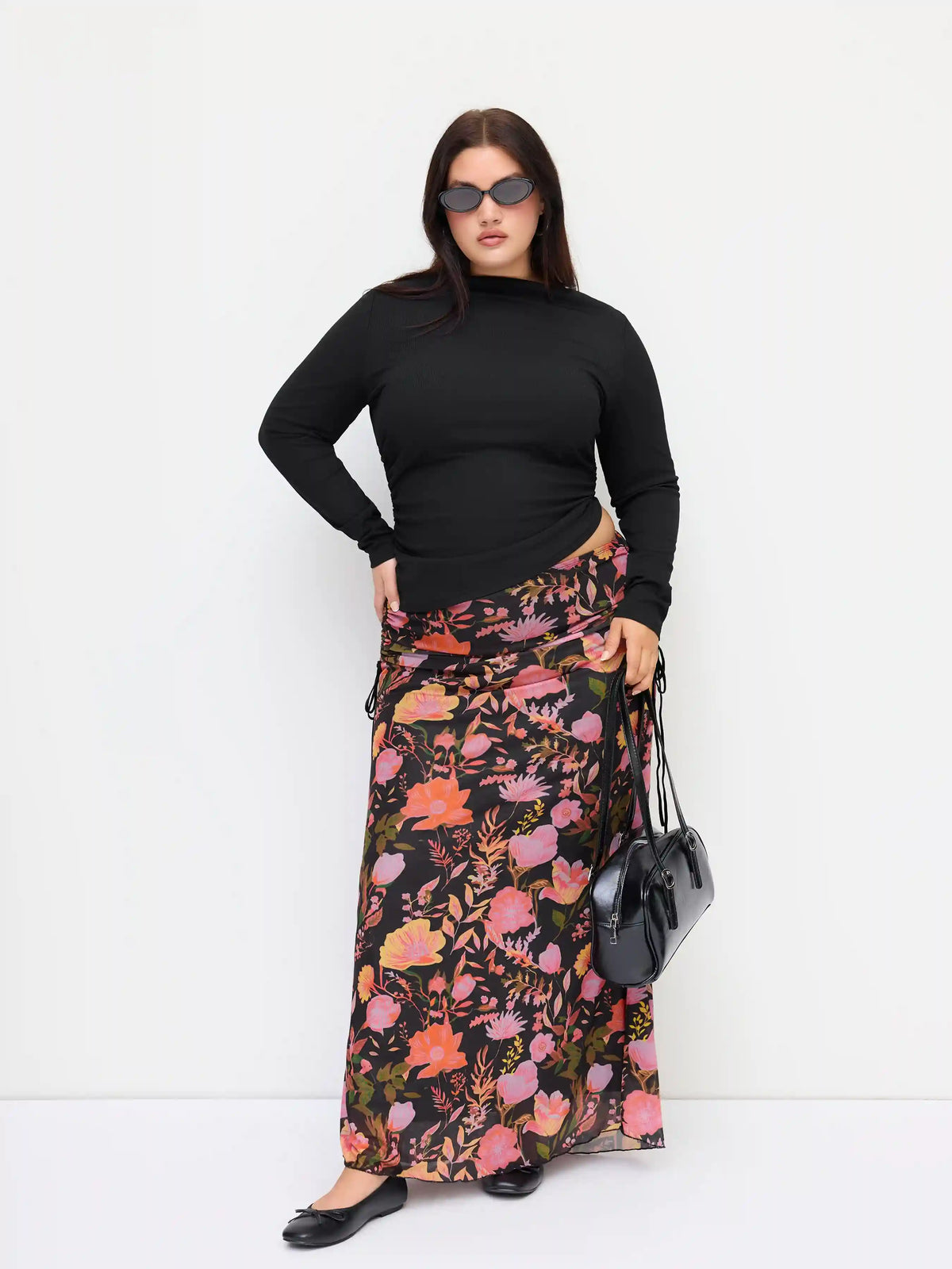 Round Neckline Ruched Long Sleeve Top & Mid Rise Floral Knotted Maxi Skirt Set Curve & Plus