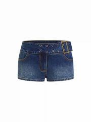 Washed Denim Low Rise Metal Buckle Belted Micro Shorts