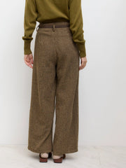 Tweed Mid Rise Stripes Straight Leg Trousers with Belt