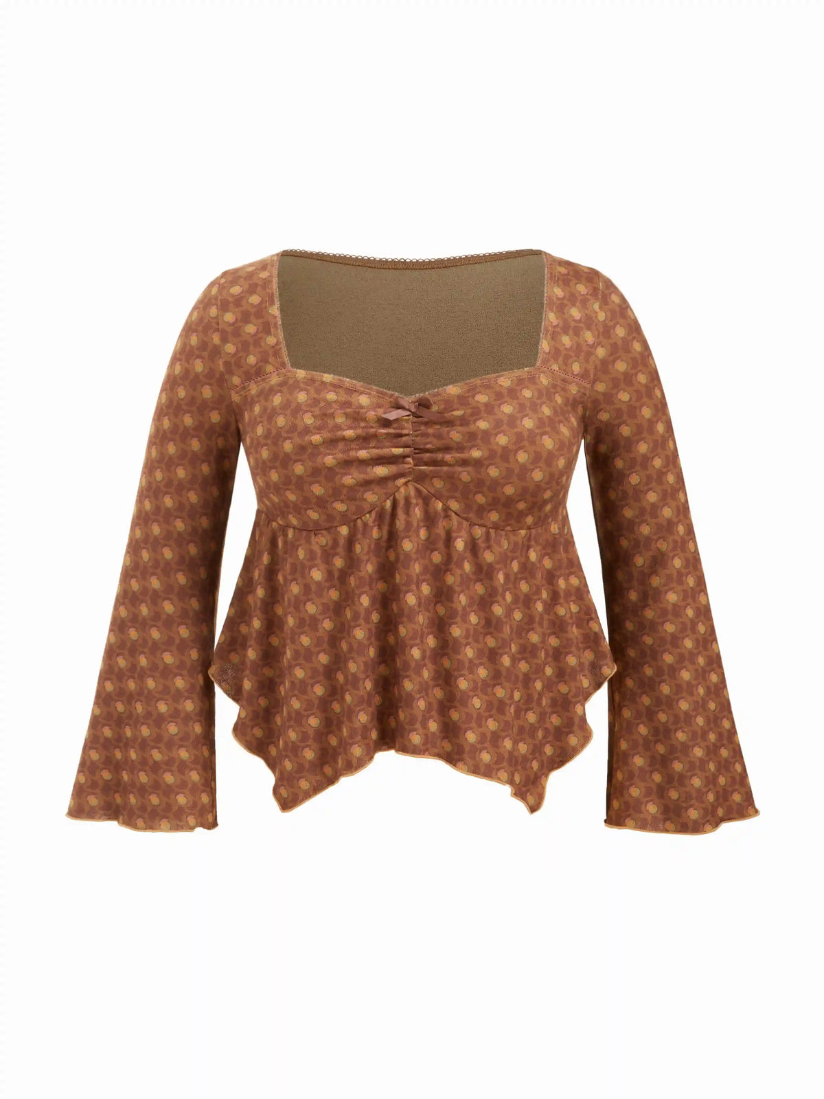 Jacquard Round Neckline Geometric Bowknot Ruffle Hem Oversized Top