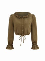 Corduroy Collar Lettuce Trim Drawstring Crop Blouse