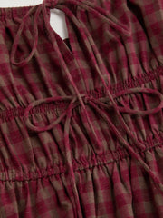 Cotton-blend Square Neck Plaid Lettuce Trim Tie Front Asymmetrical Hem Maxi Dress